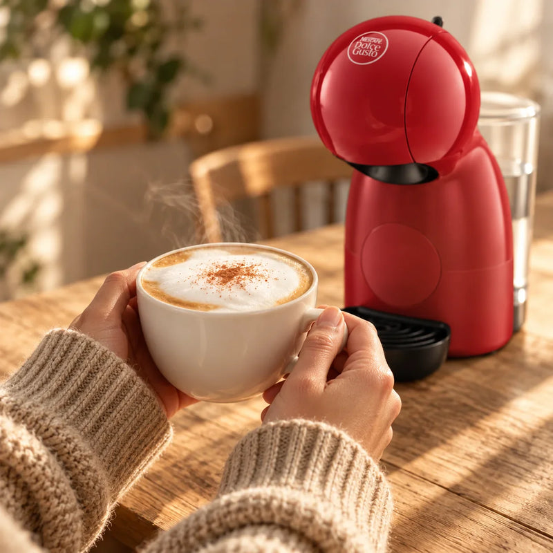 Manos con un capuchino recién hecho junto a la cafetera Nescafé® Dolce Gusto® Piccolo XS roja