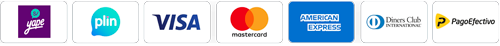 Medios de pago: Yape, Plin, Visa, Mastercard, American Express, Diners Club y PagoEfectivo